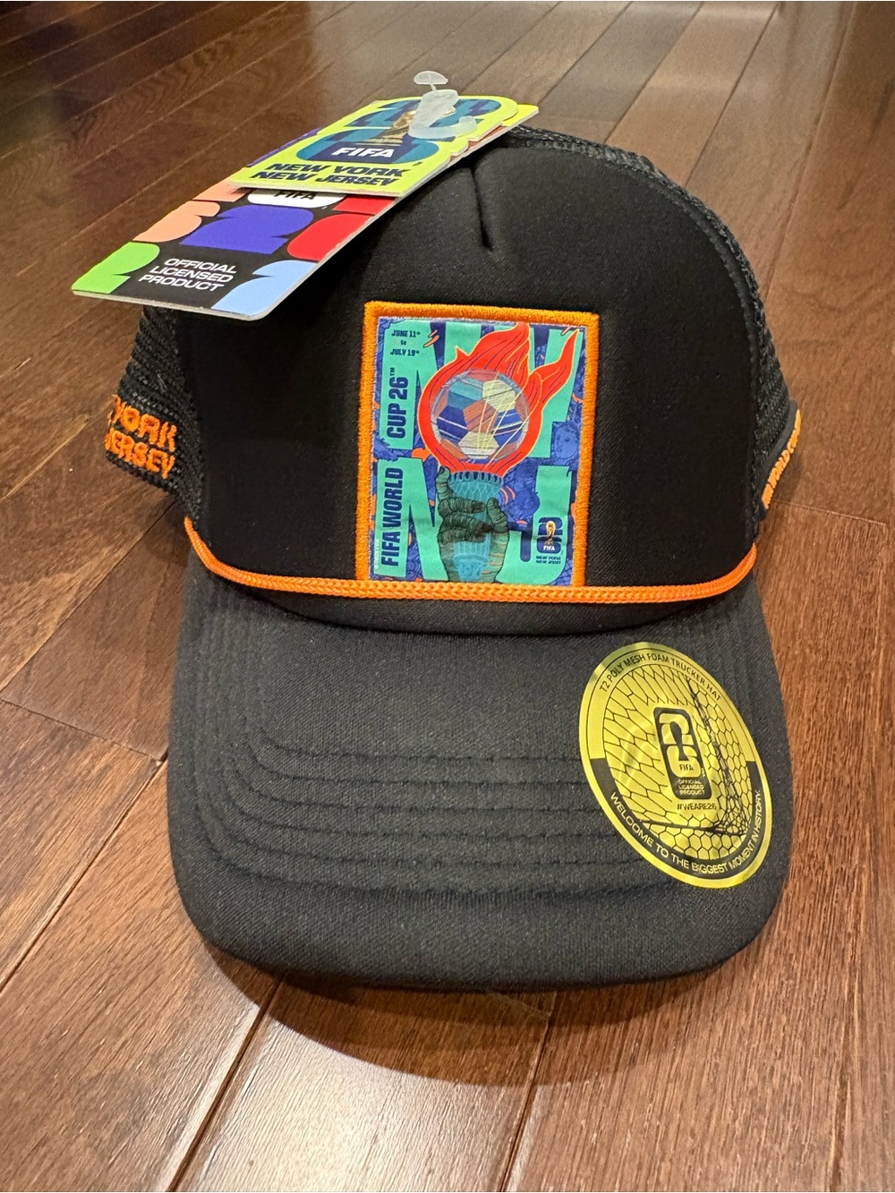 FIFA World Cup 2026 NYNJ City Poster Black Foam Trucker Hat Orange Rope